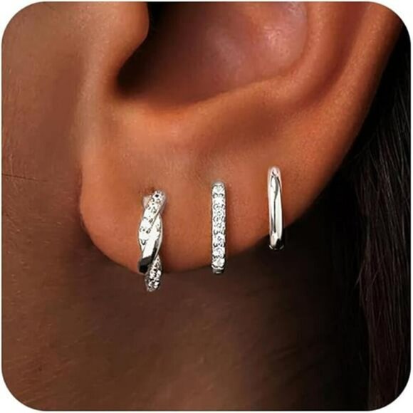 Gold Huggie Hoop Earrings Set for Women Dainty Small Sterling Silver Earrings - Picture 7 of 7